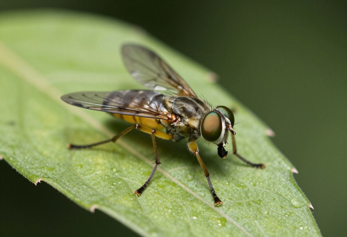 AI-generated macro photo of a stout fly with large green eyes and banded wings on a leaf