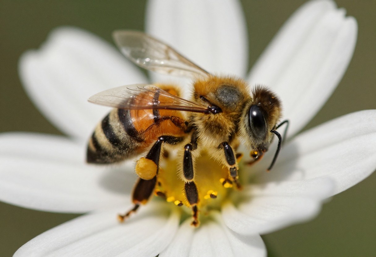 AI-generated macro photo of a fuzzy golden-brown honey bee with pollen on its legs, on a white flower
