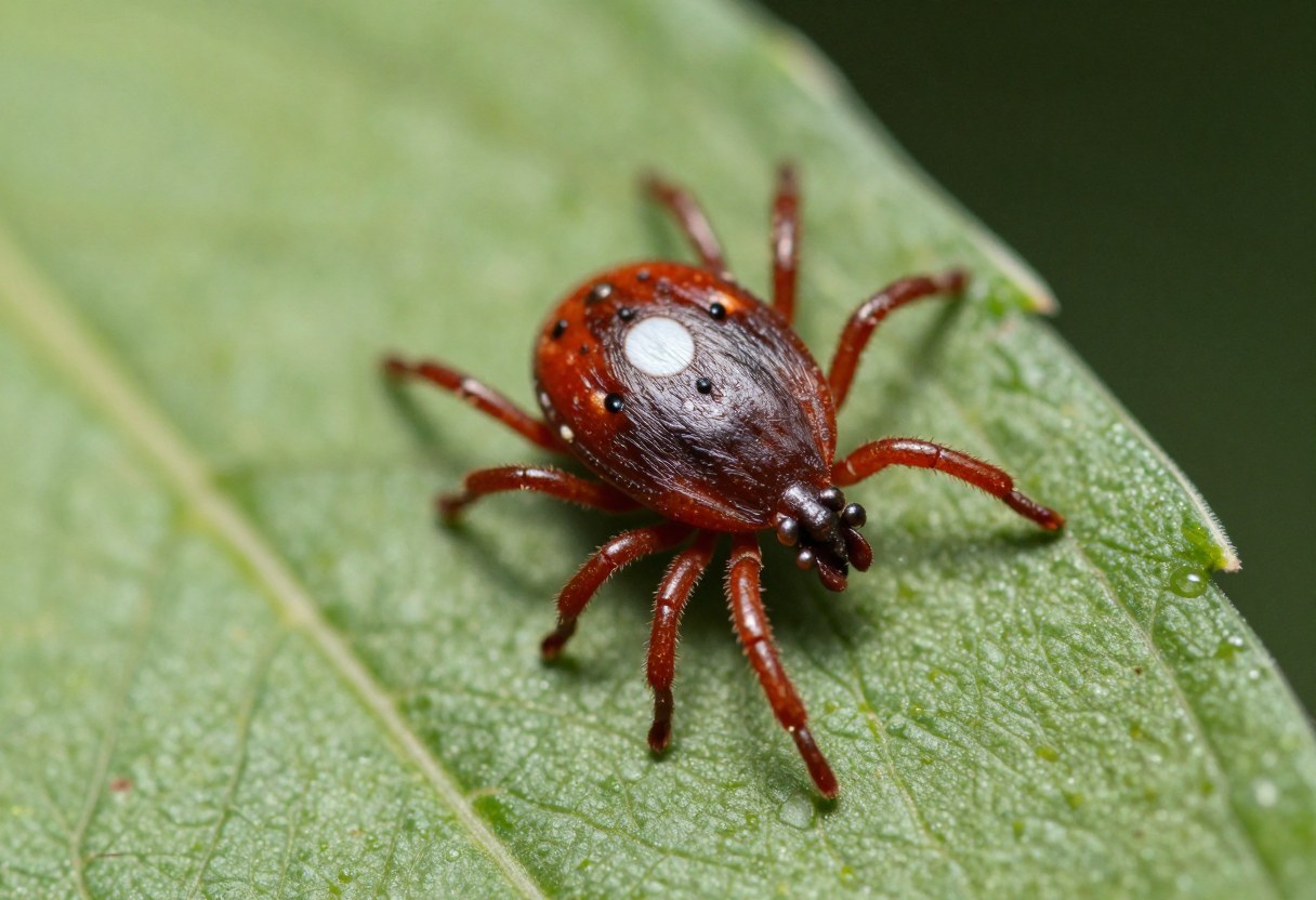 AI-generated macro photo of a reddish-brown tick with a single bright white spot on its back, on a leaf