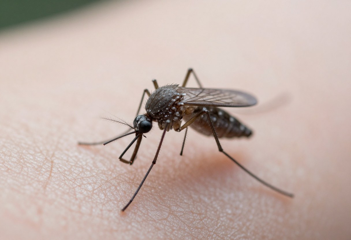 AI-generated macro photo of a mosquito with a long proboscis and long thin legs on human skin