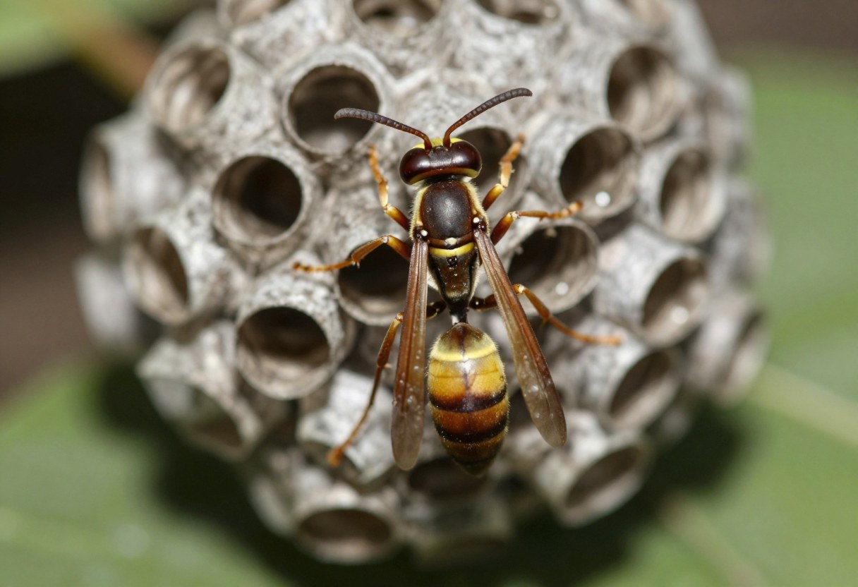 AI-generated macro photo of a slender brown and yellow wasp on a gray papery nest