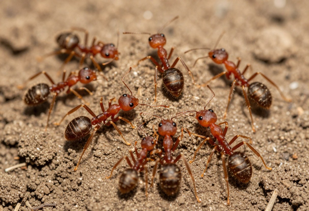 AI-generated macro photo of reddish-brown ants with darker abdomens on loose soil