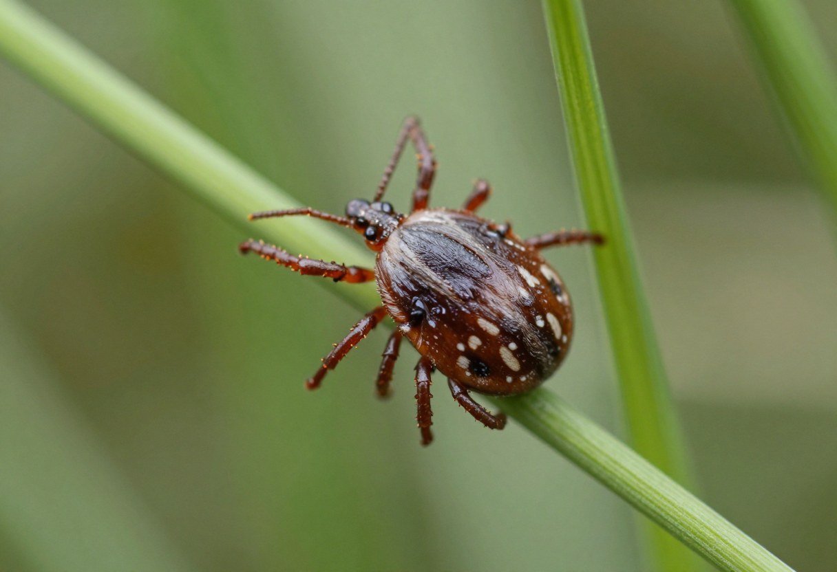 AI-generated macro photo of a brown tick with silvery-gray markings on a grass stem