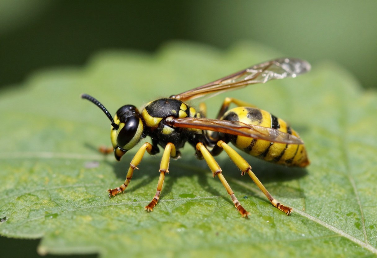 AI-generated macro photo of a black and yellow banded wasp with clear wings on a leaf