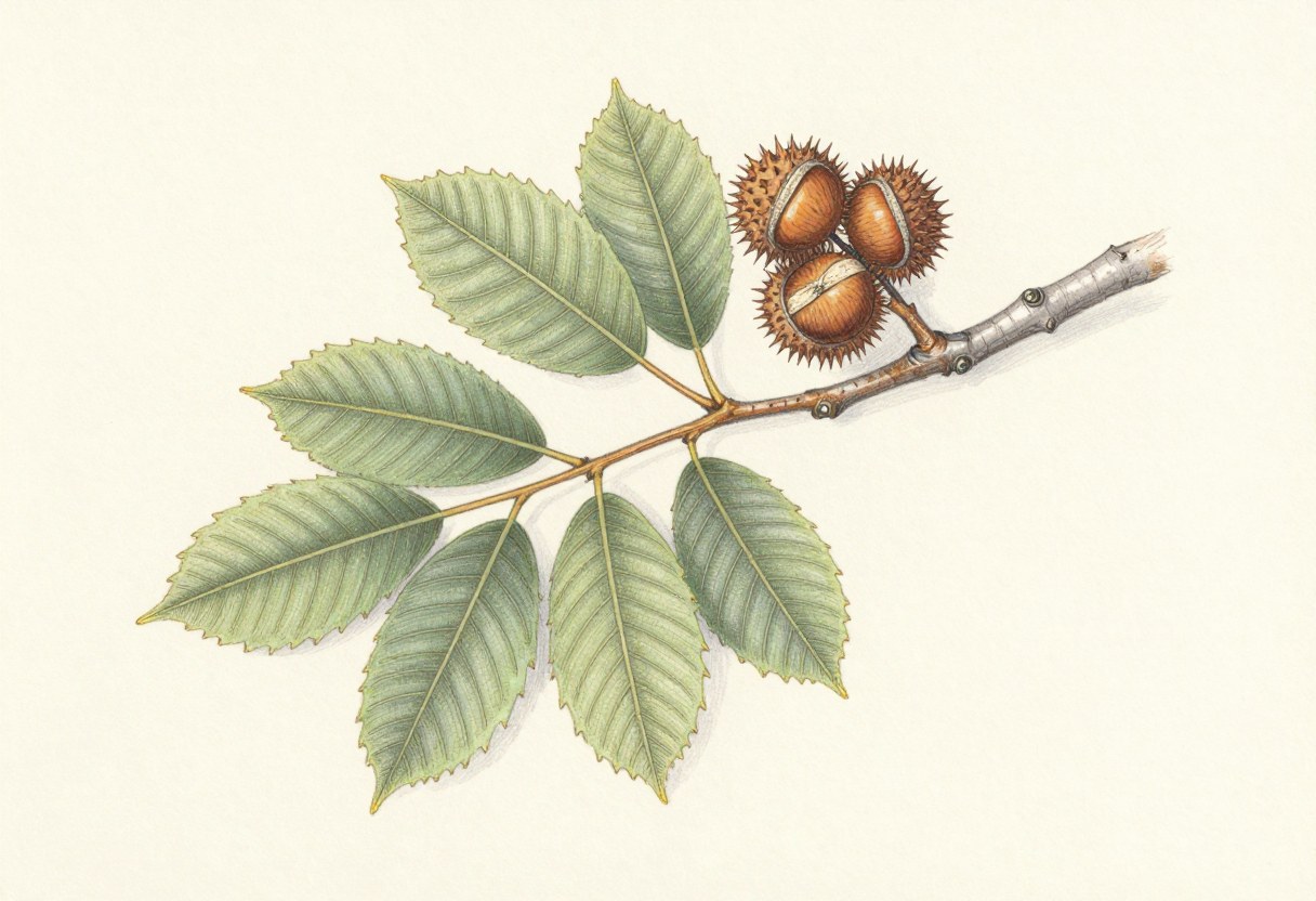 Colored-pencil illustration of an American beech branch with oval toothed leaves with parallel veins and spiny husks holding nuts
