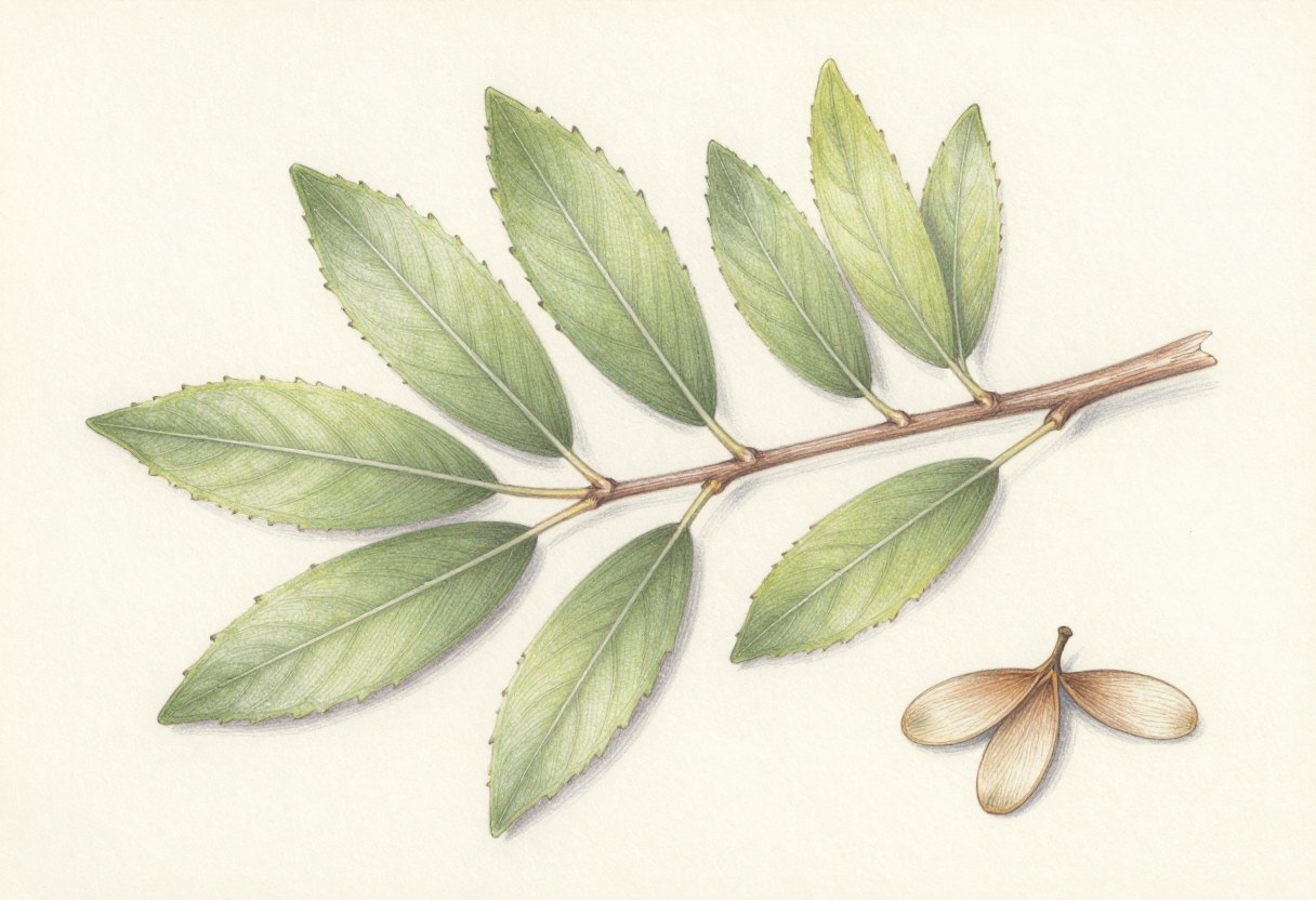 Colored-pencil illustration of an American elm twig with toothed leaves along a woody twig and papery winged seeds