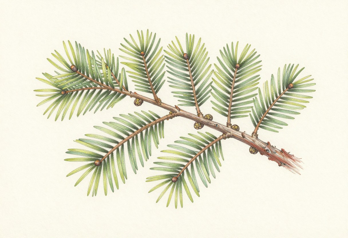 Colored-pencil illustration of a bald cypress branch with feathery flat needles in two rows and small round cones