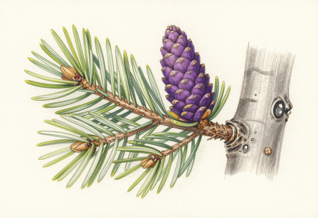 Colored-pencil illustration of a balsam fir branch with flat blunt needles, an upright cone, and smooth gray bark