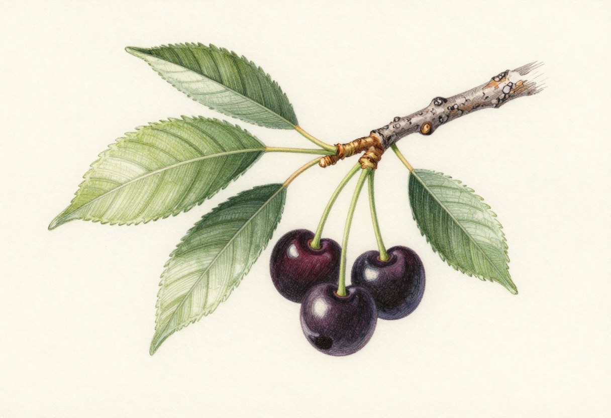 Colored-pencil illustration of a black cherry branch with glossy narrow toothed leaves and a cluster of dark cherries