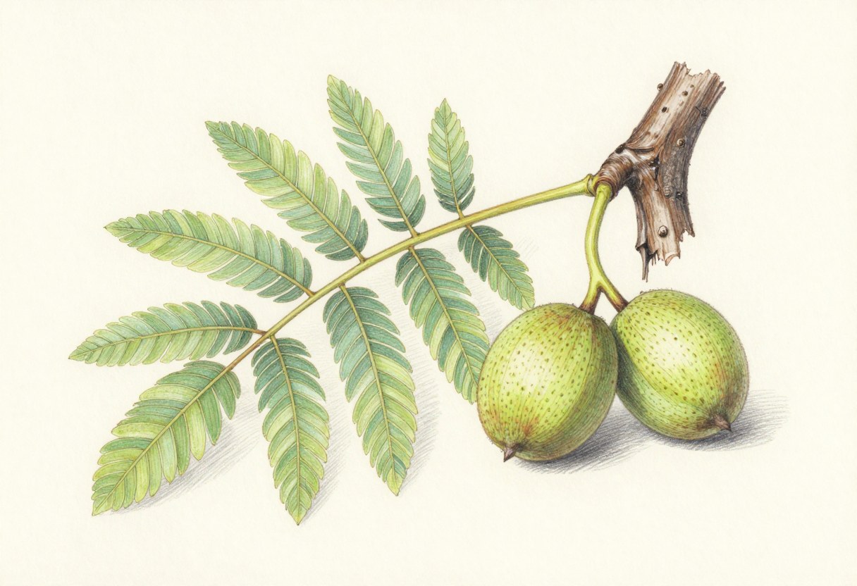 Colored-pencil illustration of a black walnut branch with a long compound leaf of many narrow leaflets and round green nuts