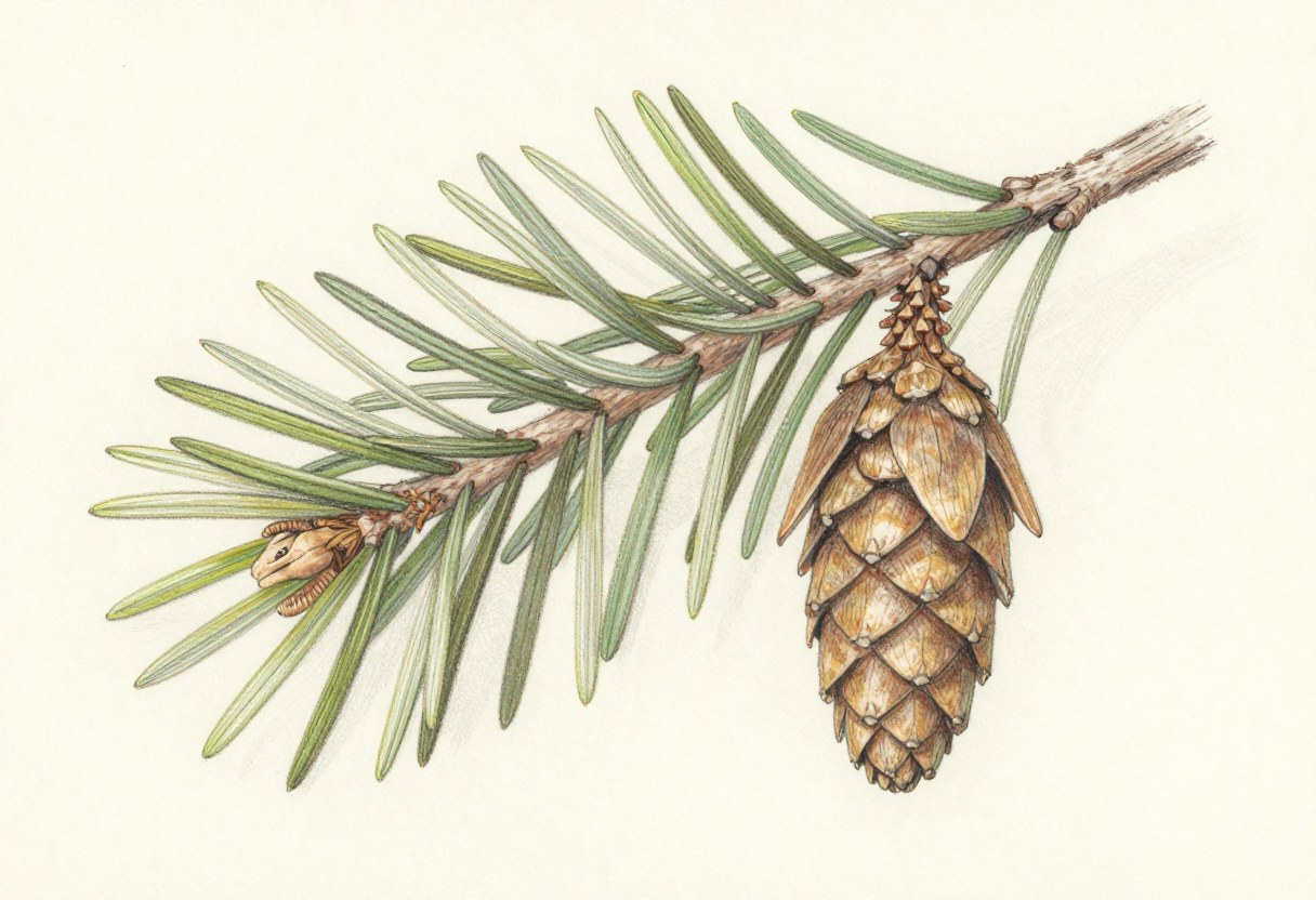 Colored-pencil illustration of a Douglas-fir branch with soft flat needles and a hanging cone with bracts showing between the scales