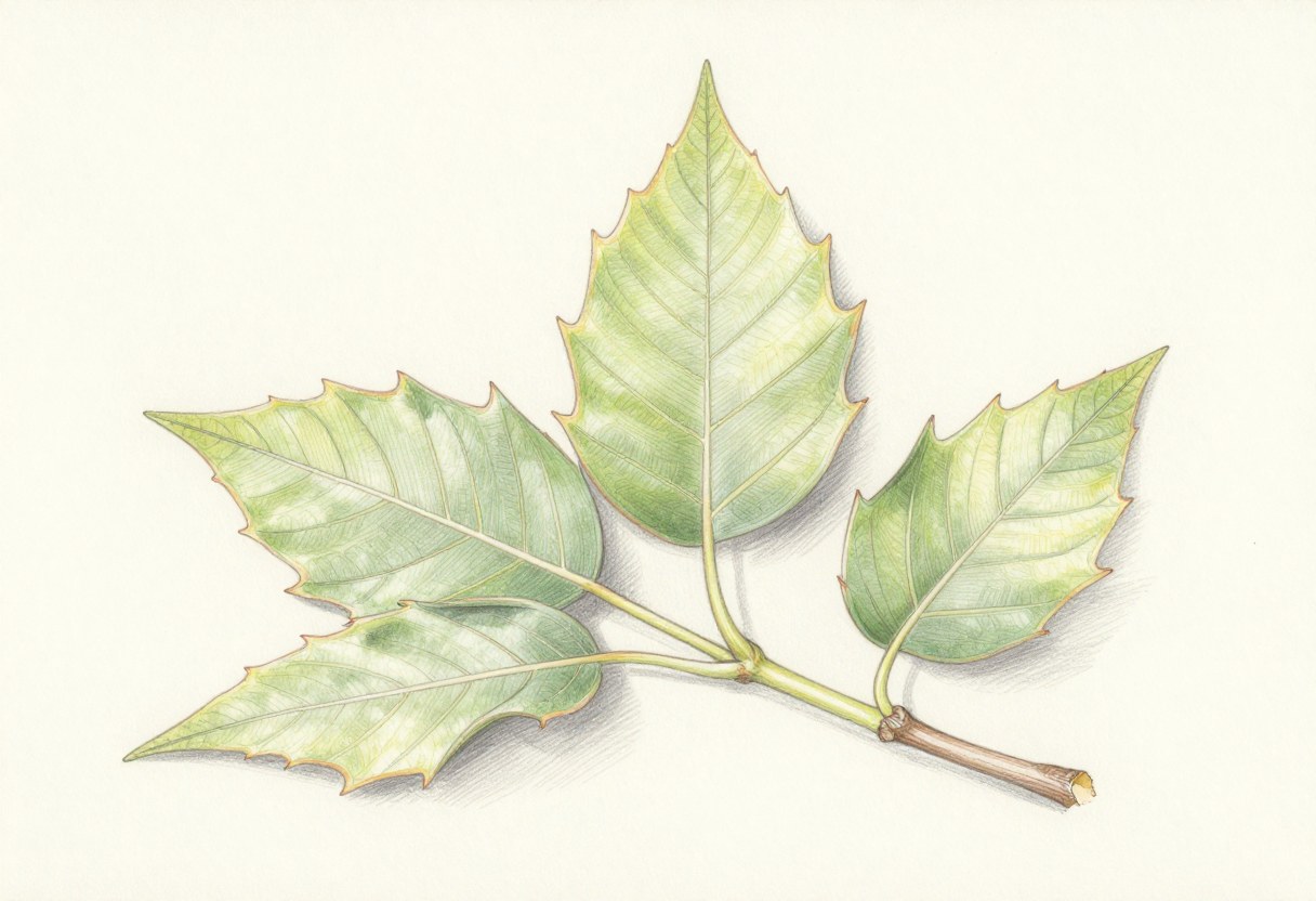 Colored-pencil illustration of an eastern cottonwood branch with broad pointed toothed leaves on long stalks