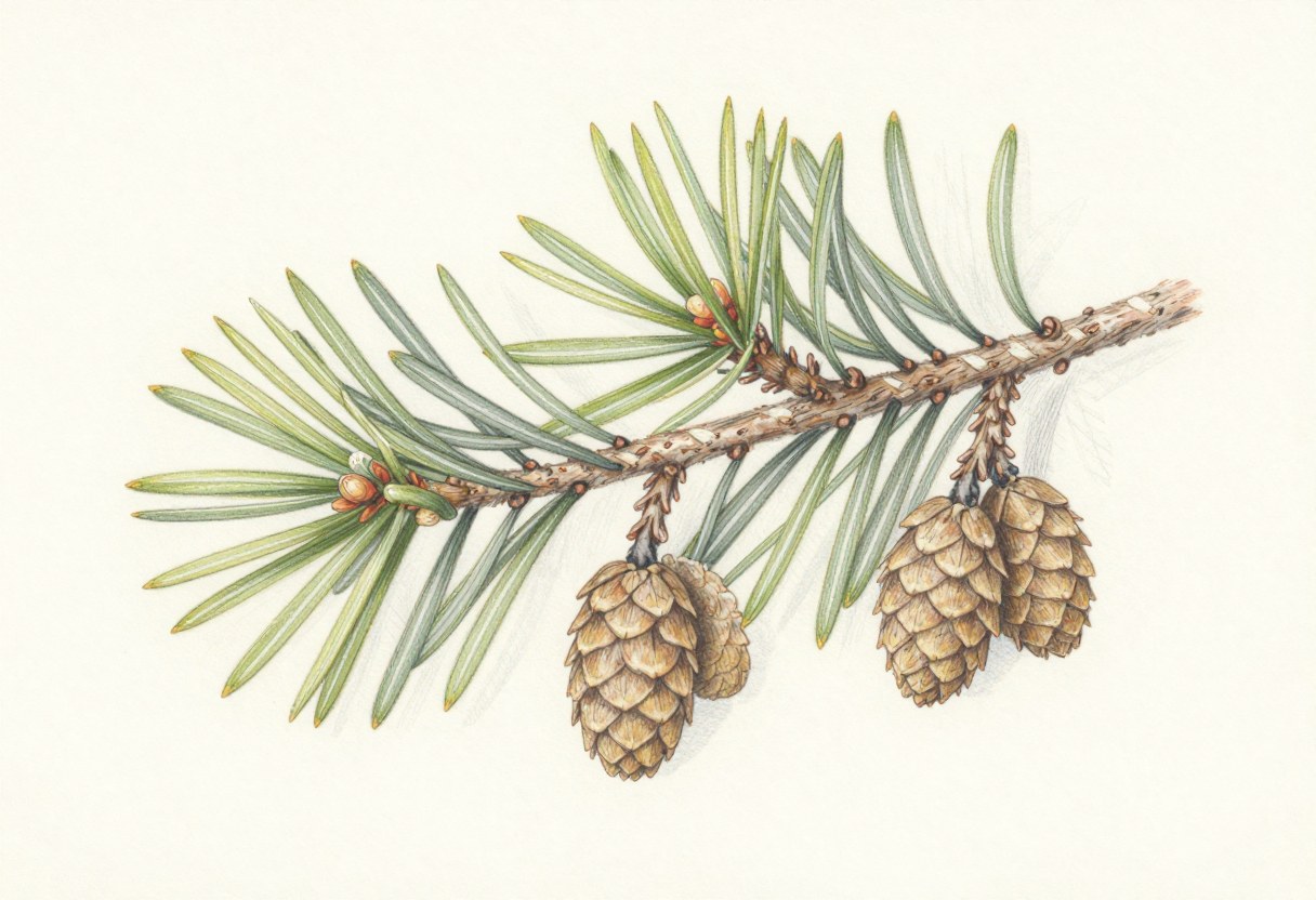 Colored-pencil illustration of an eastern hemlock branch with short flat needles in two rows and tiny cones