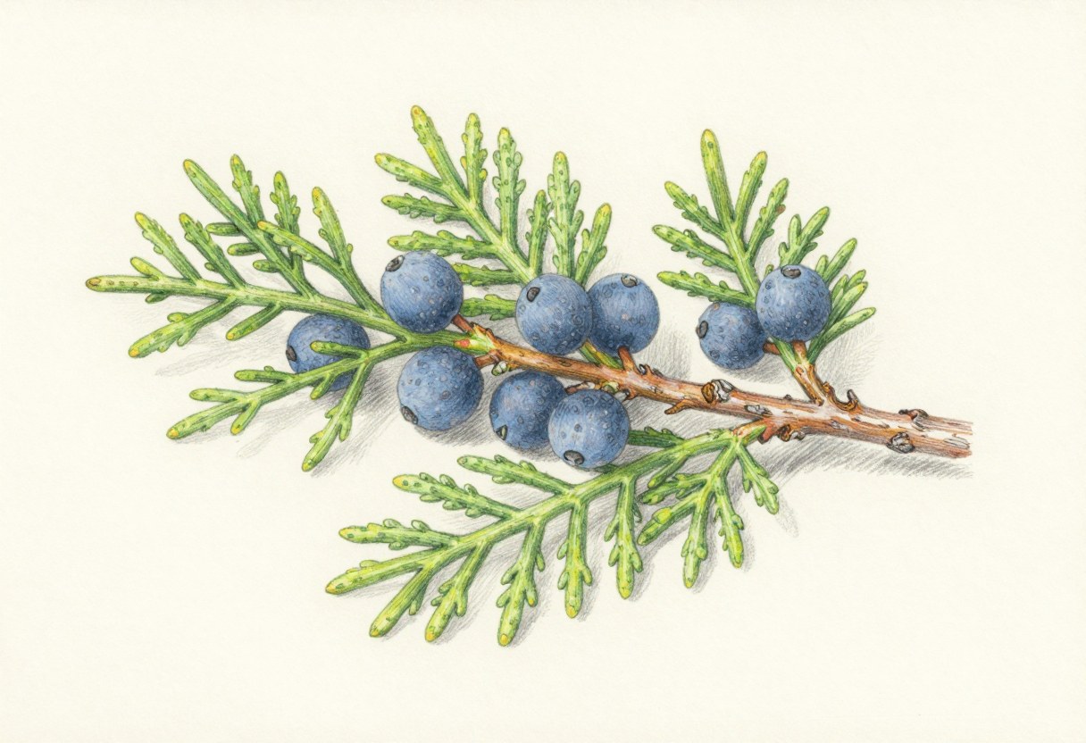 Colored-pencil illustration of an eastern red cedar branch with scale-like leaves and small blue cones