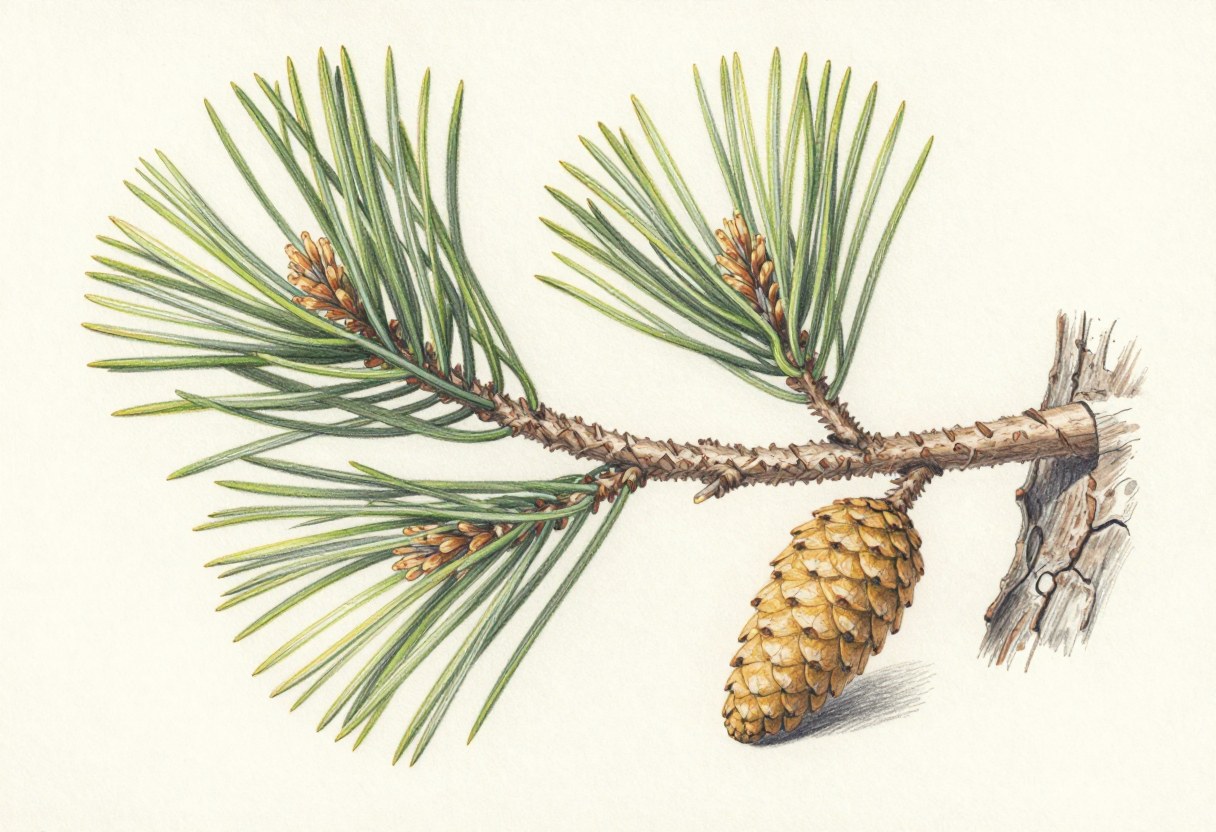 Colored-pencil illustration of an eastern white pine branch with long slender needles, a slender cone, and furrowed bark