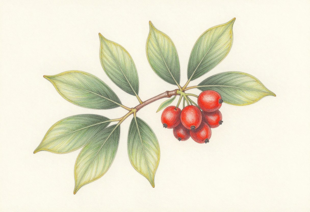 Colored-pencil illustration of a flowering dogwood twig with opposite oval leaves with curved veins and a cluster of red berries