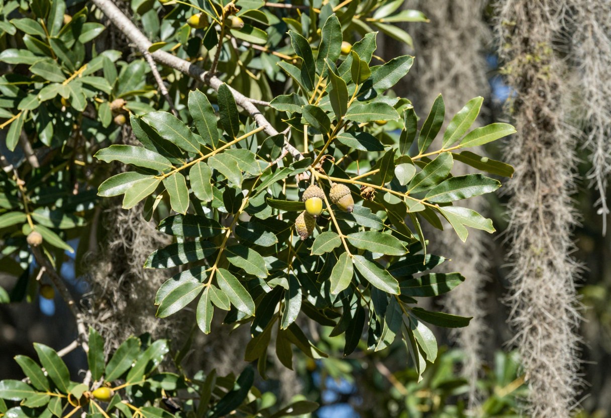Photo-style AI-generated image of a live oak branch with smooth oval leathery leaves, small acorns, and hanging Spanish moss