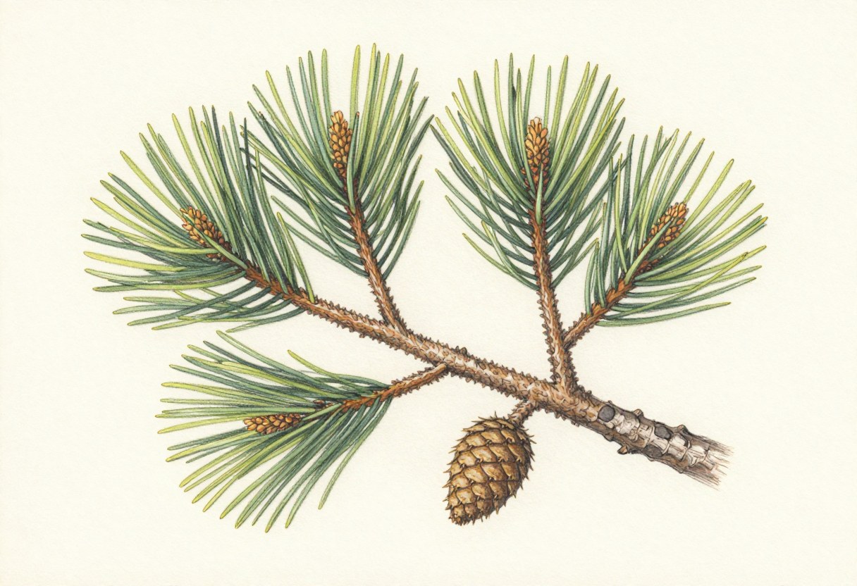Colored-pencil illustration of a loblolly pine branch with long needles in bundles and a small cone