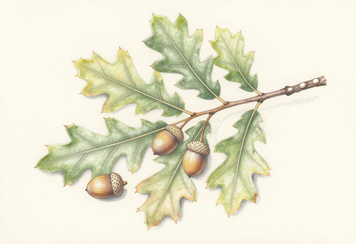 Colored-pencil illustration of a northern red oak branch with pointed bristle-tipped leaves and acorns with flat caps