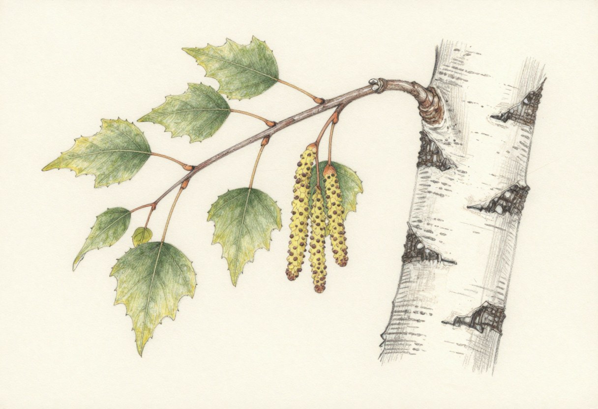 Colored-pencil illustration of a paper birch branch with oval toothed leaves, a hanging catkin, and white bark with dark horizontal marks