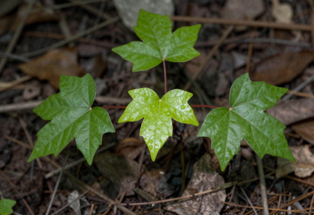 Photo-style AI-generated image of poison ivy leaves growing in groups of three on a forest floor