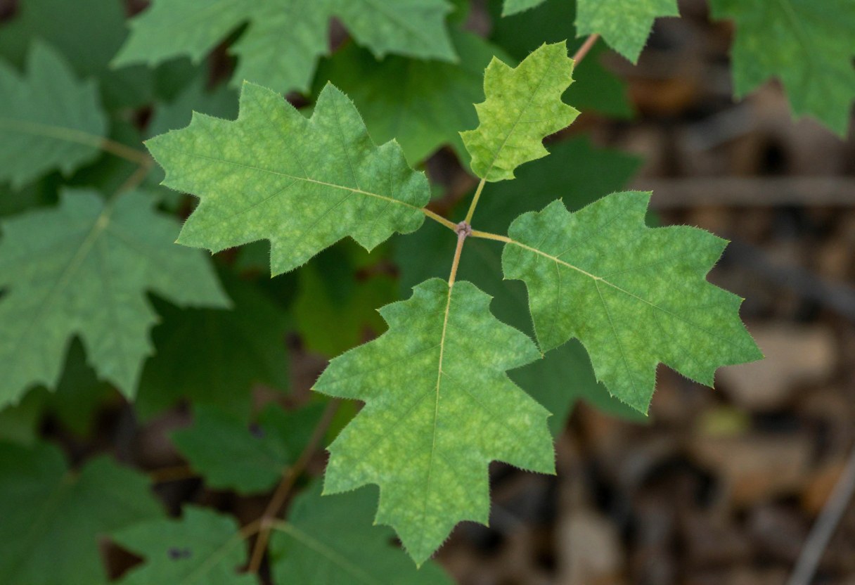 Photo-style AI-generated image of poison oak leaves in groups of three with lobed leaflets