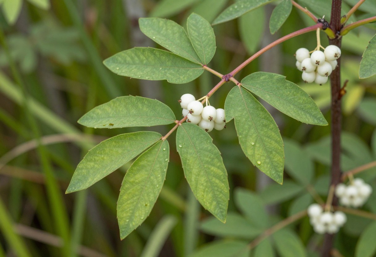 Photo-style AI-generated image of a poison sumac branch with a long compound leaf and drooping white berries