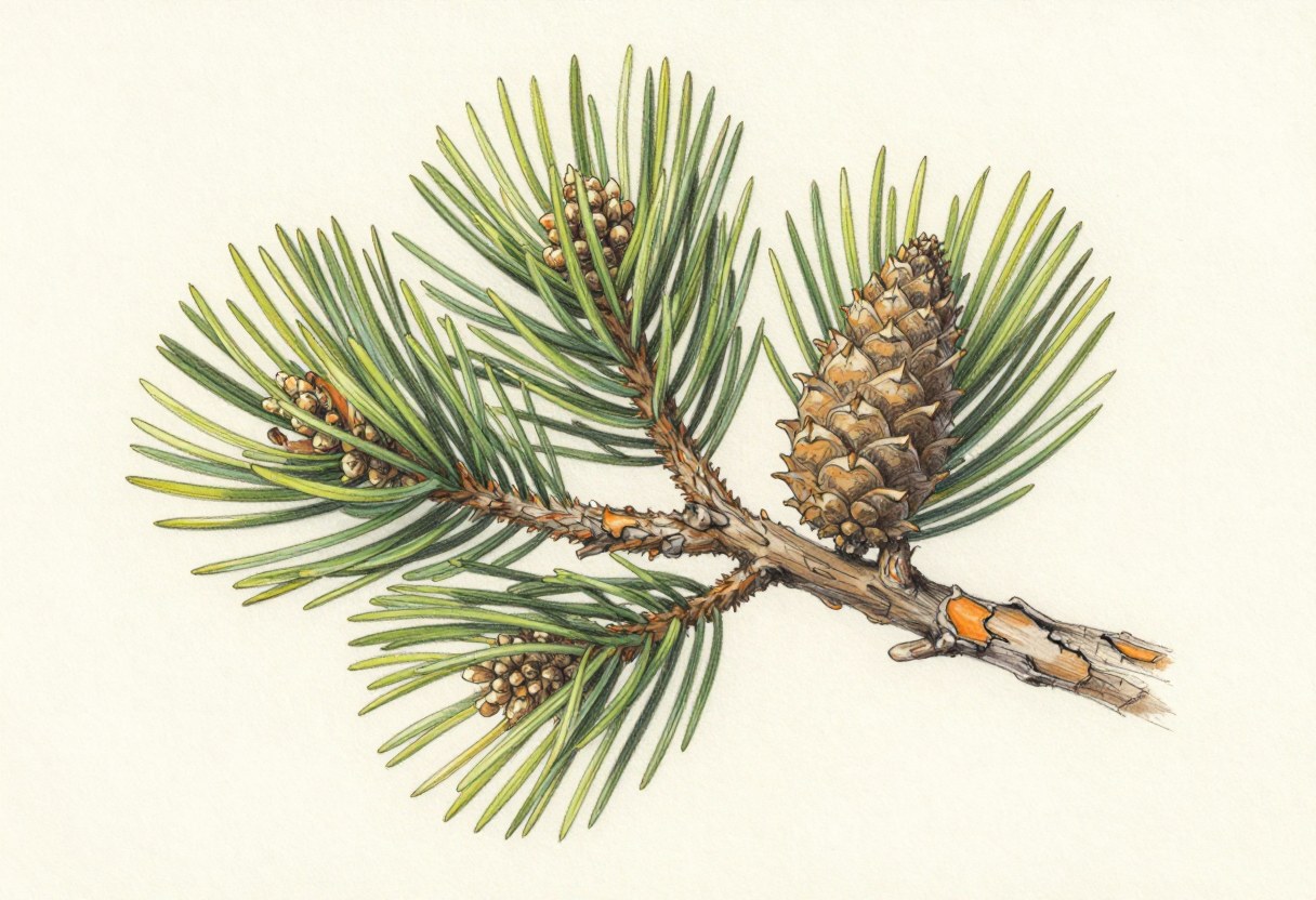 Colored-pencil illustration of a ponderosa pine branch with long needles in bundles, a prickly egg-shaped cone, and a patch of orange-brown bark