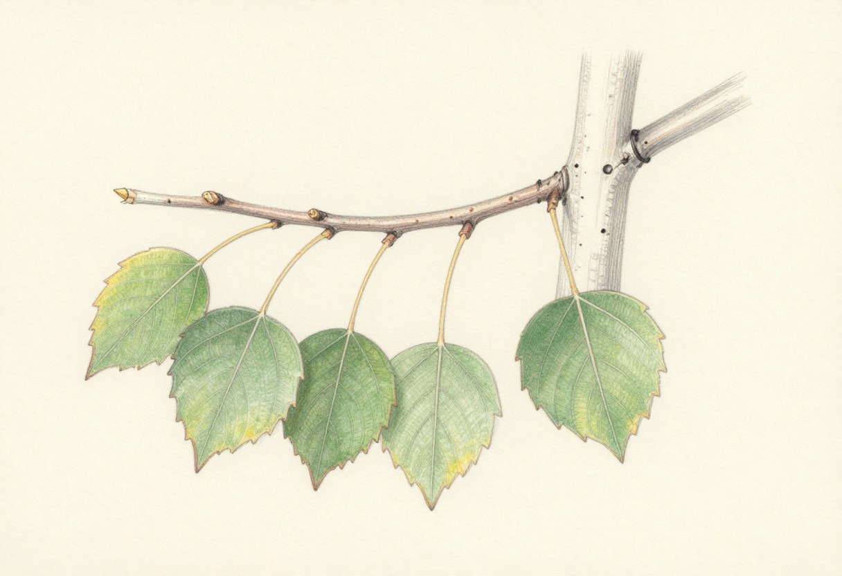 Colored-pencil illustration of a quaking aspen branch with rounded toothed leaves hanging on long stalks and a smooth pale trunk with dark scars
