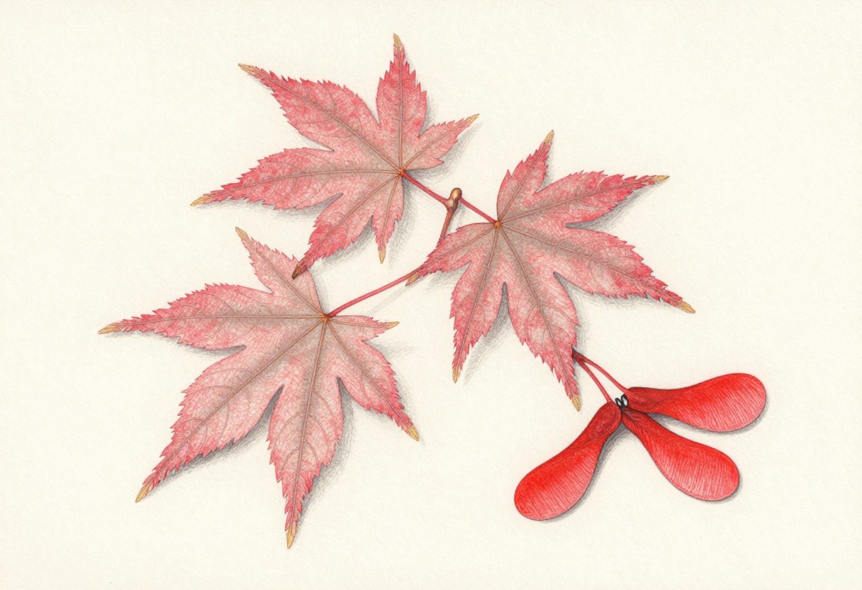 Colored-pencil illustration of a red maple branch with reddish toothed maple leaves and bright red winged seeds