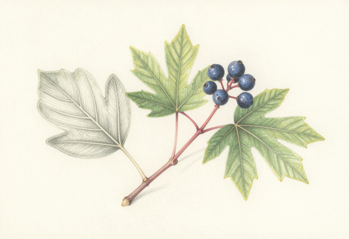 Colored-pencil illustration of a sassafras branch with an unlobed oval leaf, lobed leaves, and dark blue berries on red stalks