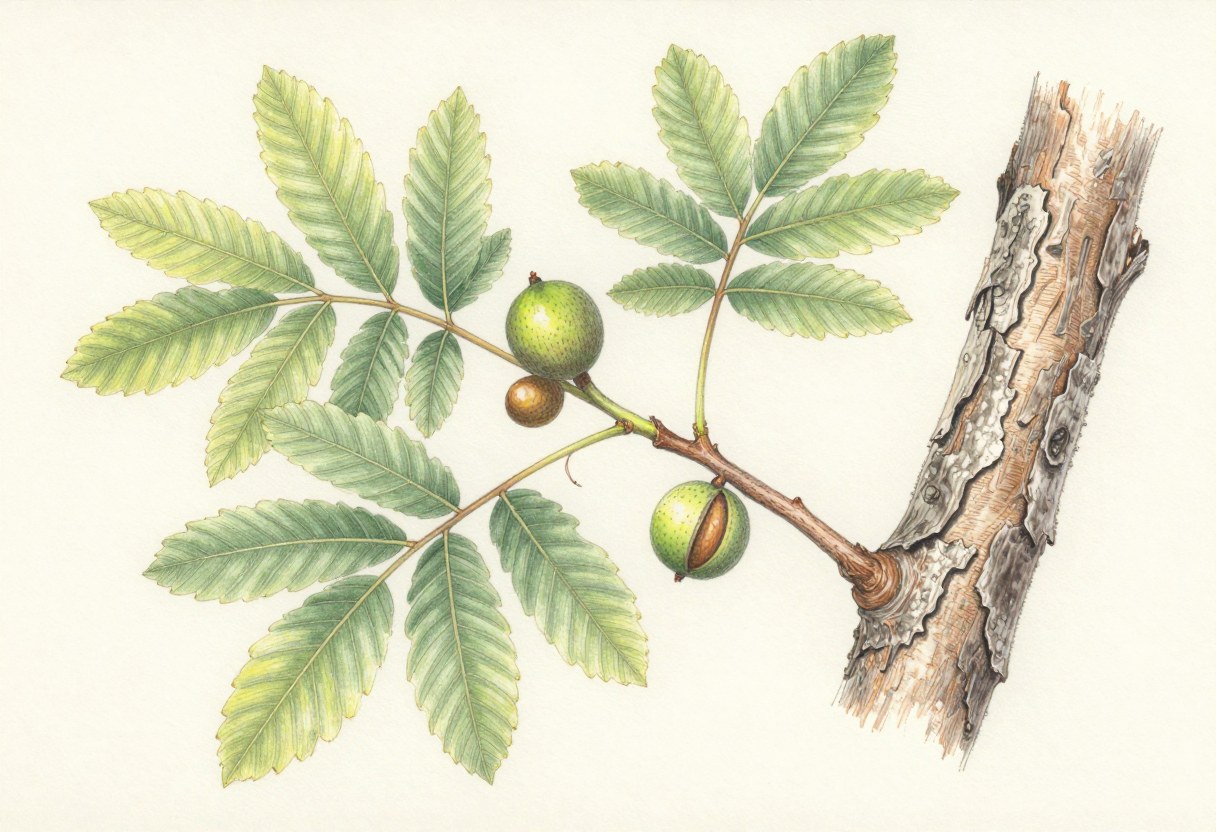 Colored-pencil illustration of a shagbark hickory branch with compound leaves, nuts in a split husk, and shaggy bark