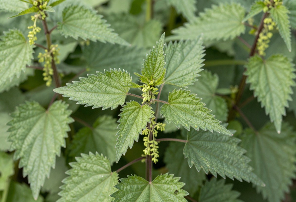 Photo-style AI-generated image of stinging nettle plants with opposite heart-shaped toothed leaves