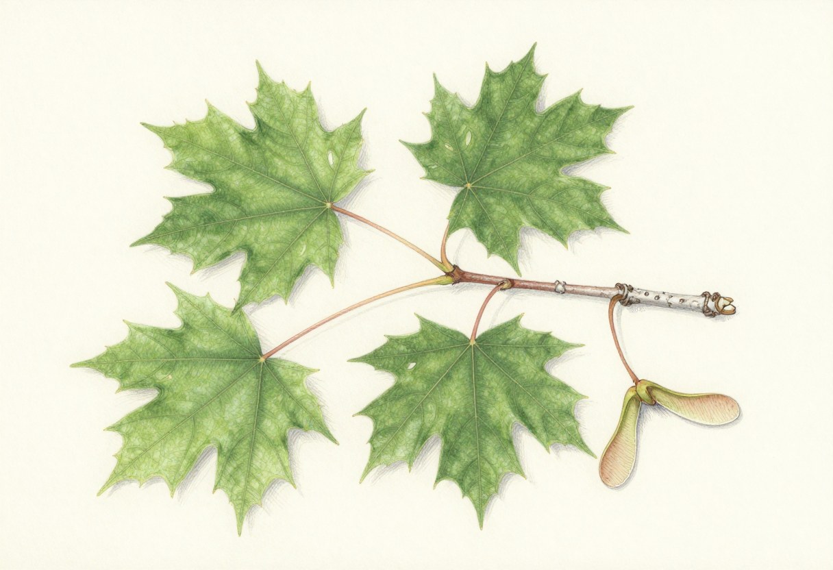 Colored-pencil illustration of a sugar maple branch with five-lobed leaves and a pair of winged seeds
