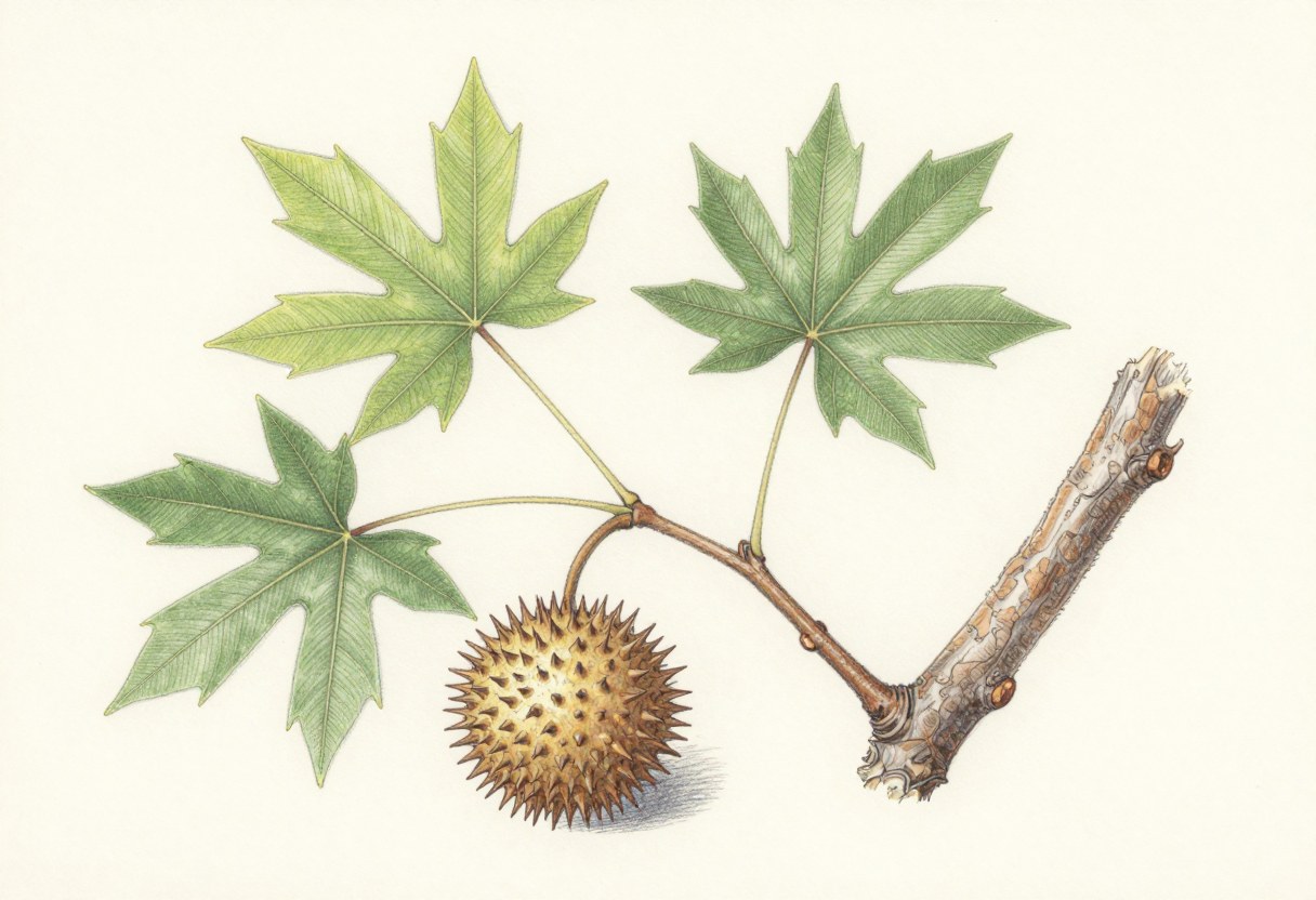 Colored-pencil illustration of a sweetgum branch with star-shaped leaves and a spiky round seed ball