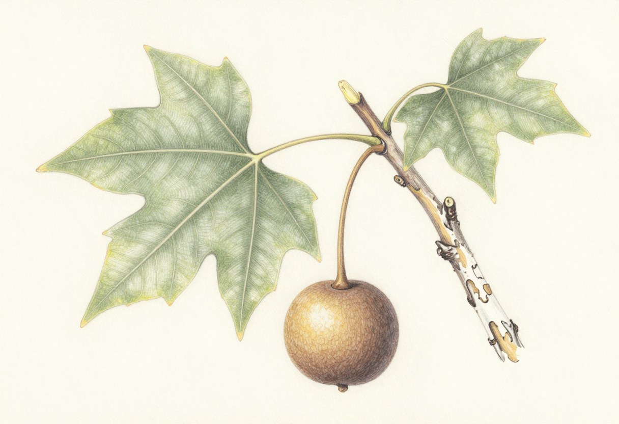 Colored-pencil illustration of an American sycamore branch with broad lobed leaves, a ball-shaped fruit, and mottled peeling bark