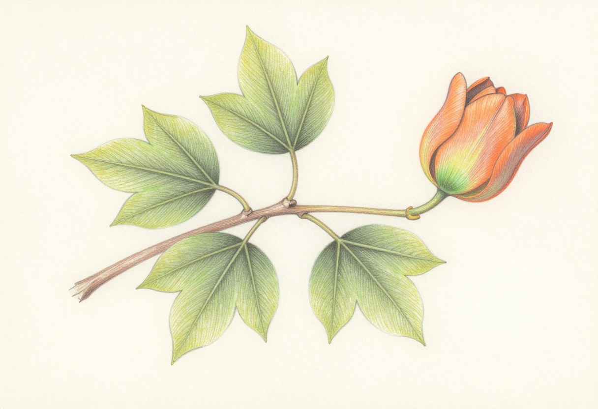 Colored-pencil illustration of a tulip tree twig with lobed leaves and orange and green tulip-shaped flowers