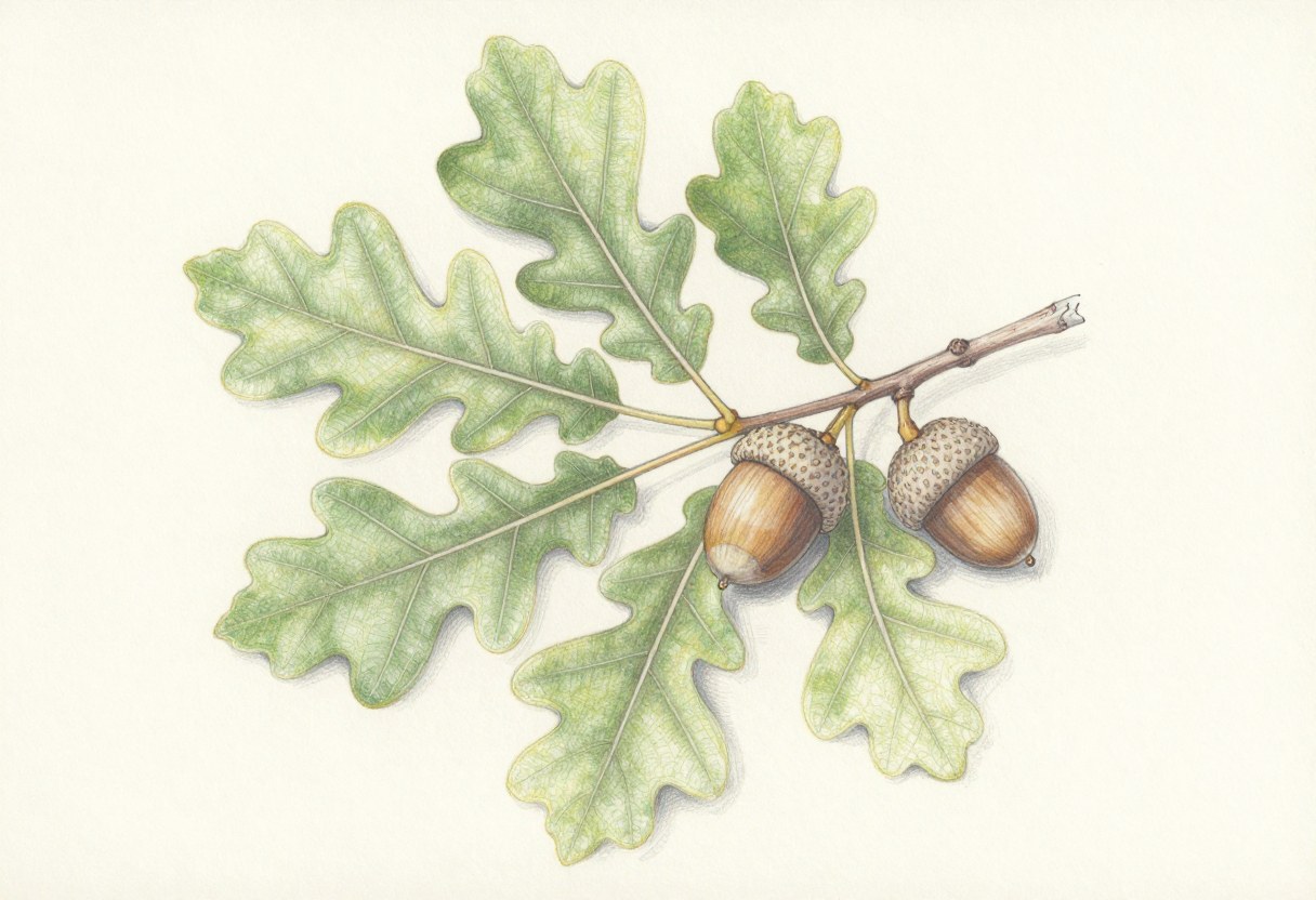 Colored-pencil illustration of a white oak branch with rounded-lobed leaves and two acorns with warty caps