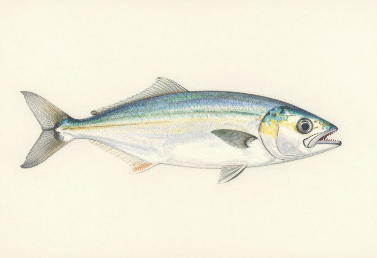 Illustration of a blue-green and silver fish in side view with a forked tail and a mouth full of small teeth