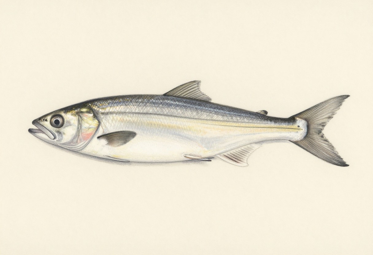 Illustration of a slender silver fish in side view with a dark back and a forked tail