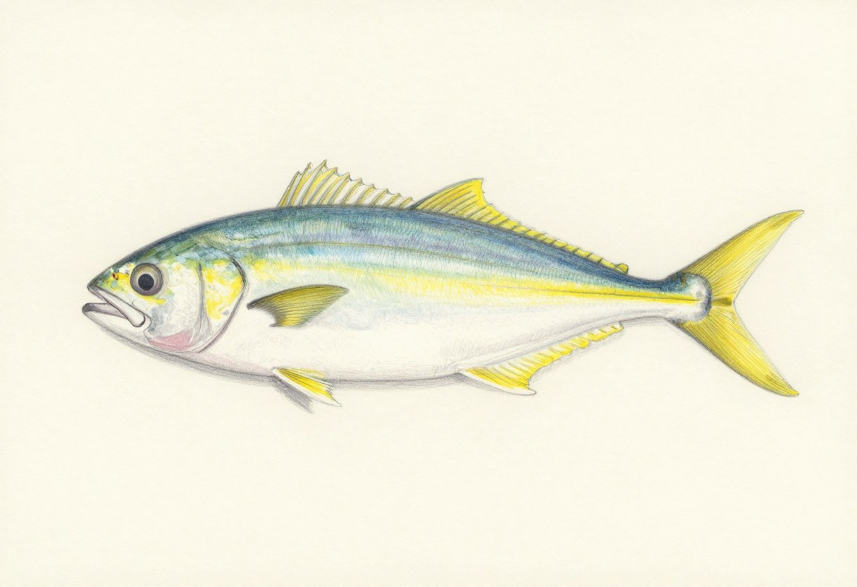 Illustration of a slim blue-green fish in side view with a yellow stripe along its side and a yellow tail