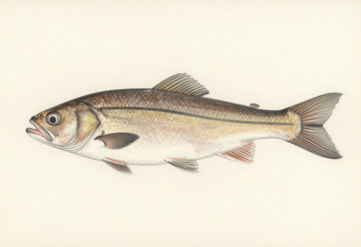 Illustration of a long brown fish in side view with a dark stripe along its side and a broad head