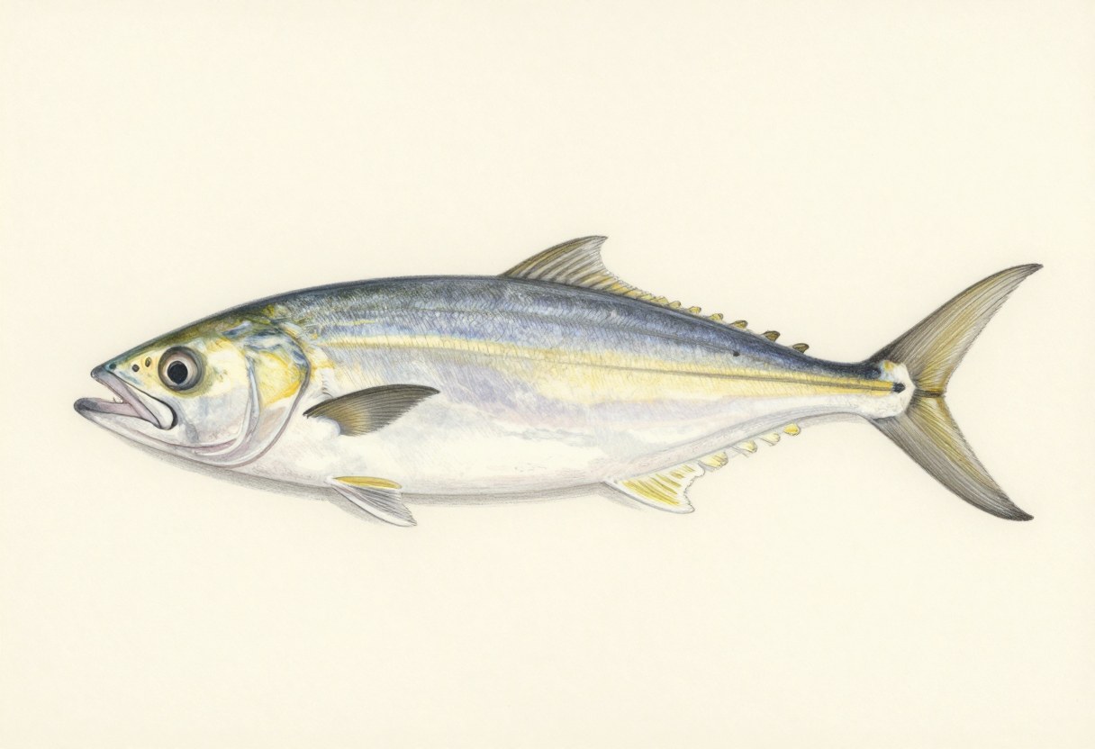 Illustration of a deep silvery fish in side view with a yellow-green tint on the back and a forked tail