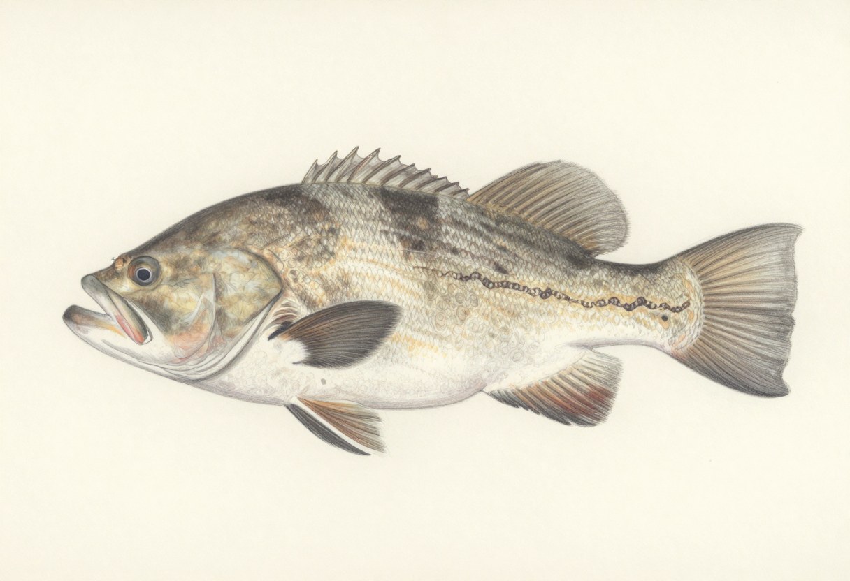 Illustration of a heavy gray-brown fish in side view with darker worm-like markings and a large mouth