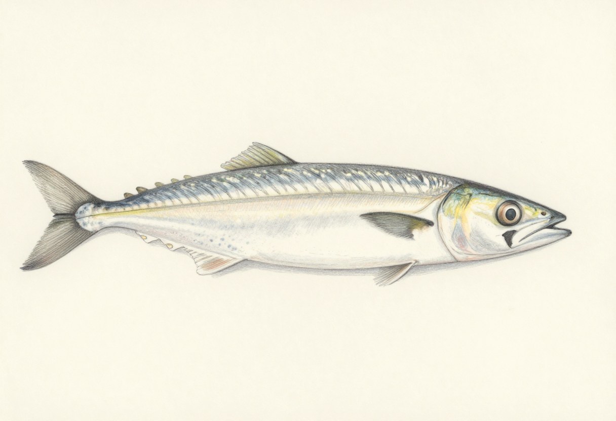 Illustration of a slim silver fish in side view with a forked tail and a lateral line that dips partway along the side