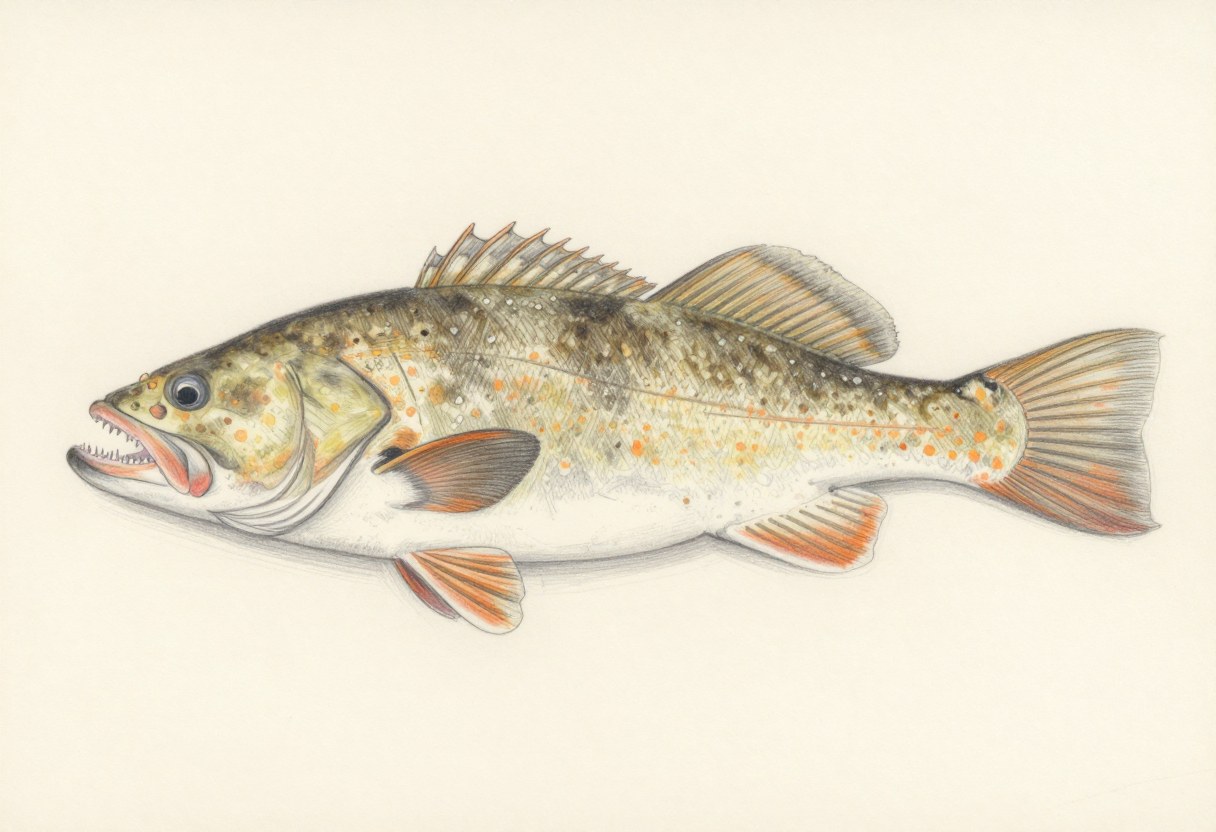 Illustration of a mottled olive-brown fish in side view with orange spots, a big mouth, and fang-like teeth