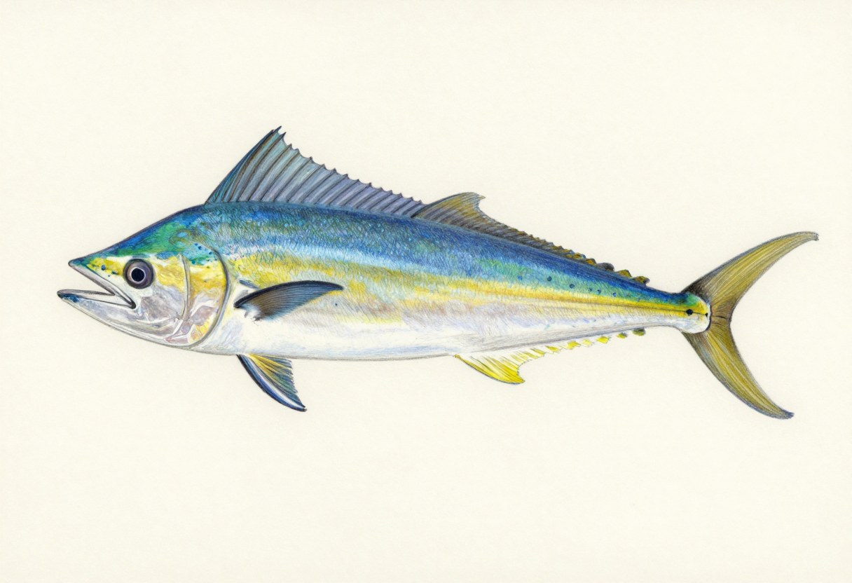 Illustration of a blue-green and gold fish in side view with a long dorsal fin and a forked tail