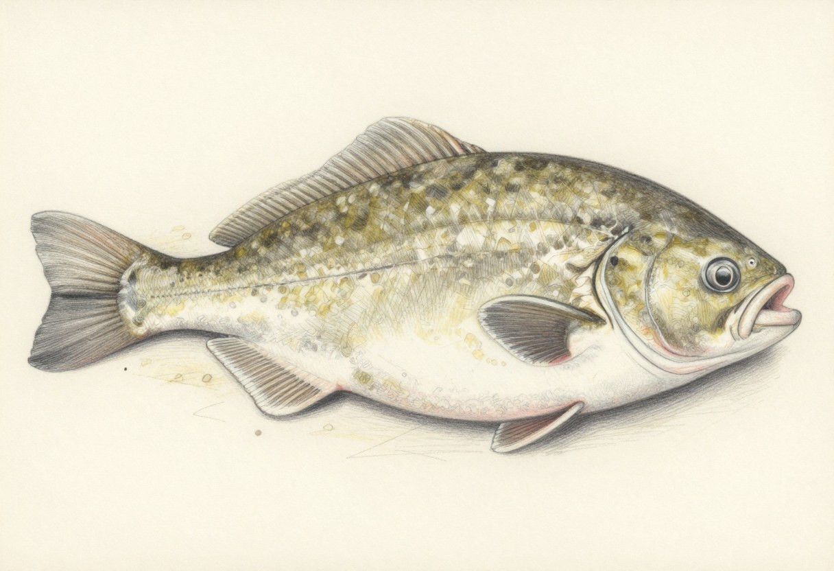Illustration of a mottled olive-brown flatfish lying on sand with an oval body