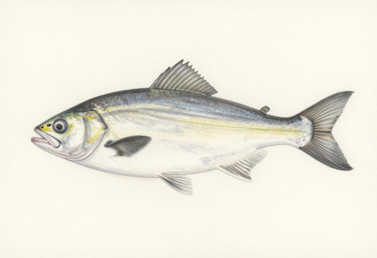 Illustration of a silvery fish in side view with a forked tail and a spiny dorsal fin