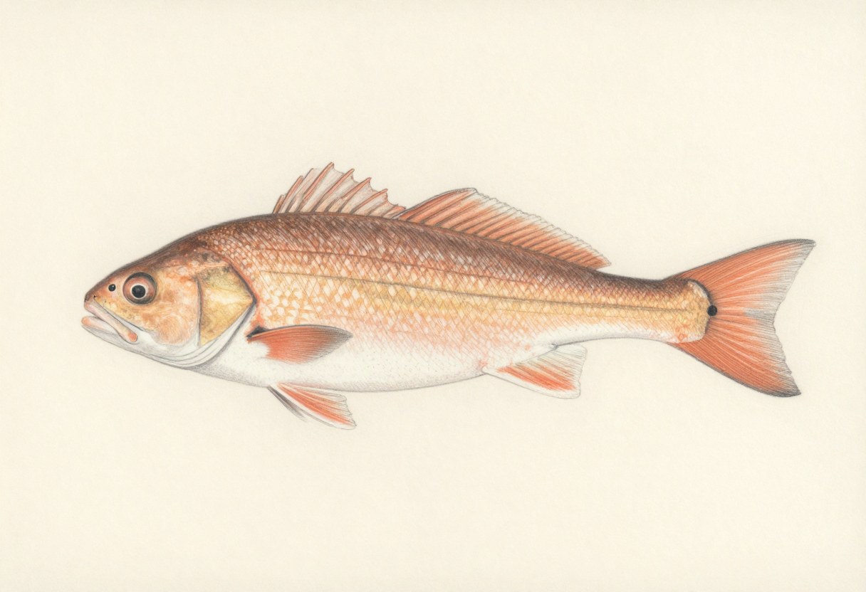 Illustration of a copper-pink fish in side view with a small black spot at the base of the tail